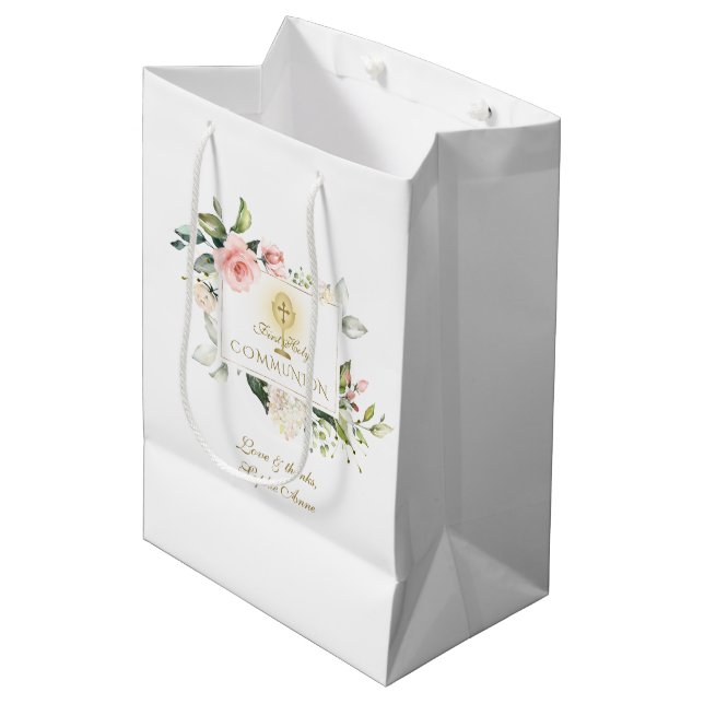 Sac Cadeau Moyen Luxe Fleurs Flush Frame Gold Girl Christening (Devant Angle)