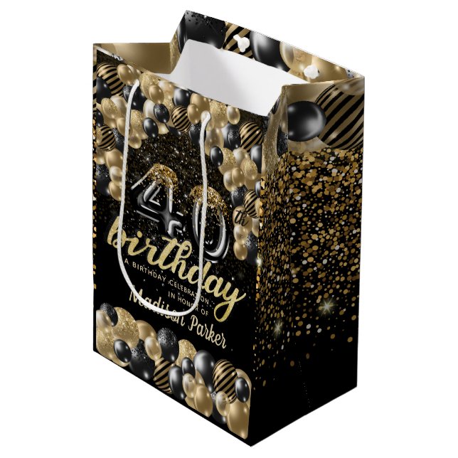 Sac Cadeau Moyen Luxe Personnalisé 40e anniversaire Black Gold (Devant Angle)