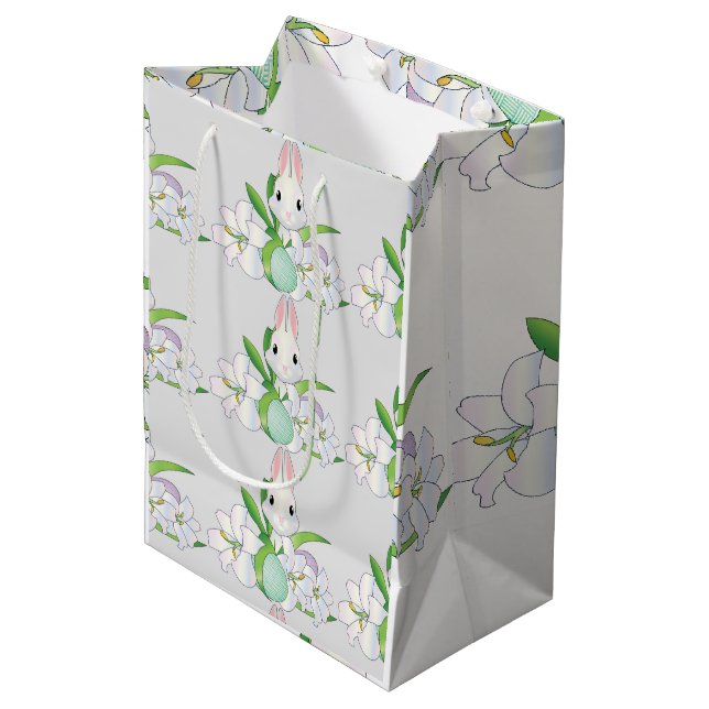 Sac Cadeau Moyen Lys blancs lapins de Pâques (Devant Angle)