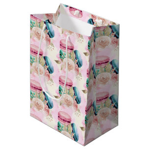 Sac Cadeau Moyen Macarons et fleurs colorés Motif d'aquarelle
