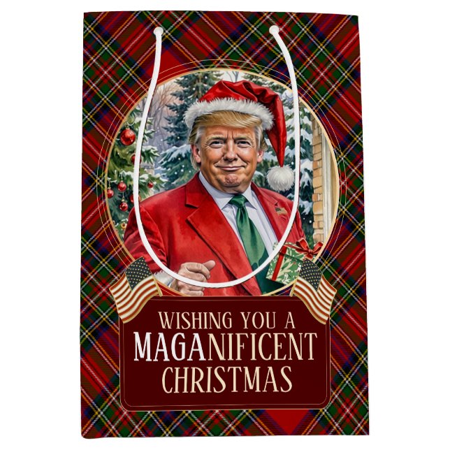 Sac Cadeau Moyen MAGA Christmas Tartan Plaid Père Noël Trump (Devant)