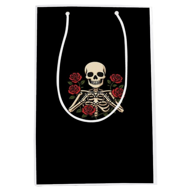 Sac Cadeau Moyen Mains Coeur Squelette Avec Roses Rouges - Romantiq (Devant)