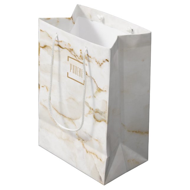 Sac Cadeau Moyen Marbre à Effet Doré Noël Personnalisé (Devant Angle)