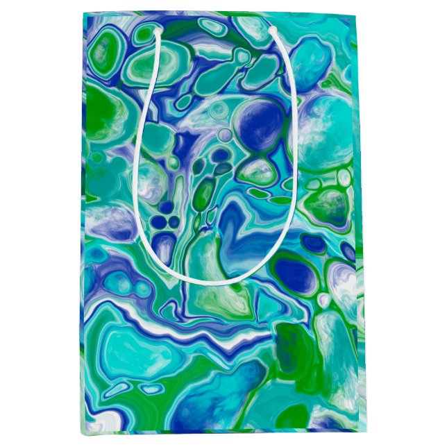 Sac Cadeau Moyen Marbre bleu et vert Fluid Art Abstrait (Devant)