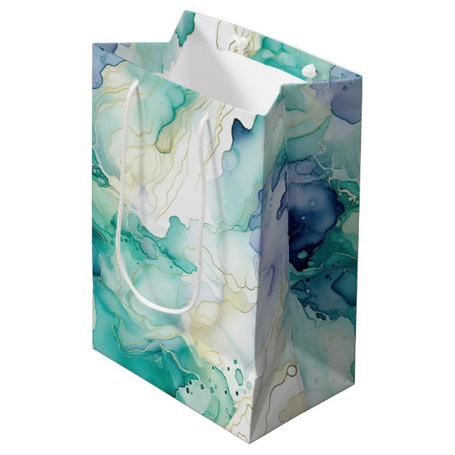 Sac Cadeau Moyen Marbre d'encre bleue Mint Aqua (Devant Angle)