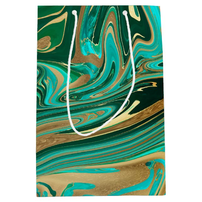 Sac Cadeau Moyen Marbre vert et or liquide (Devant)