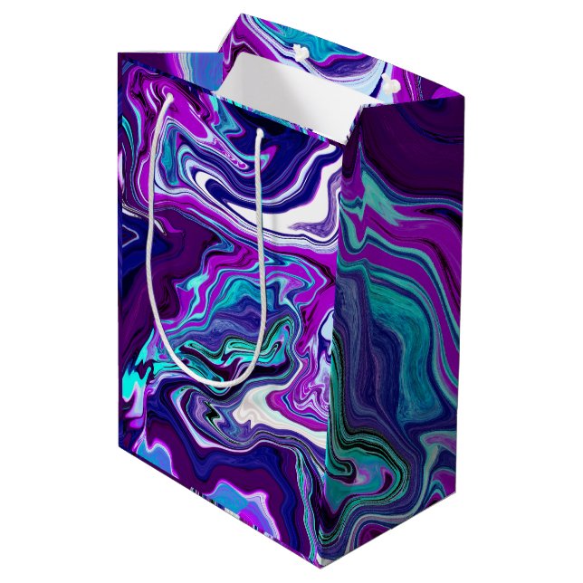 Sac Cadeau Moyen Marbre violet, bleu et Turquoise Abstrait (Dos Angle)