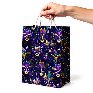 Sac Cadeau Moyen Mardi Gras avec masques jaune or