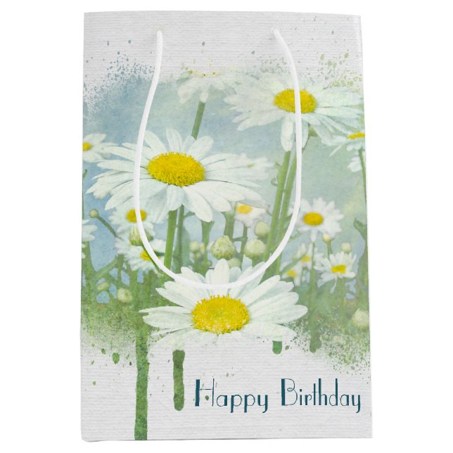 Sac Cadeau Moyen Marguerites blanches pour anniversaire (Devant)