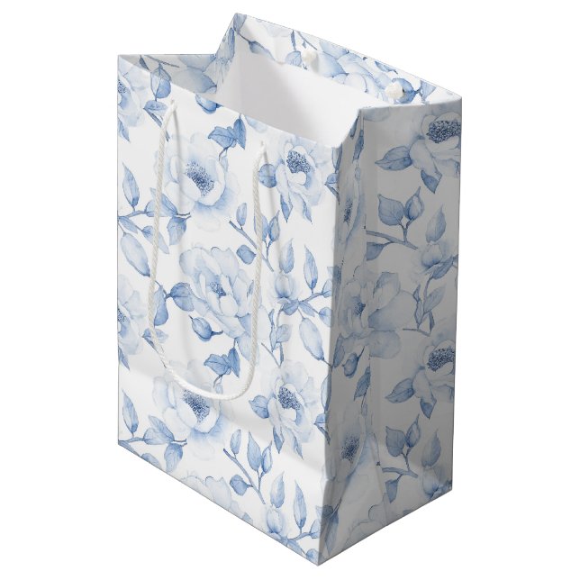 Sac Cadeau Moyen Mariage Chic Fleurs Blanches et Bleues (Devant Angle)
