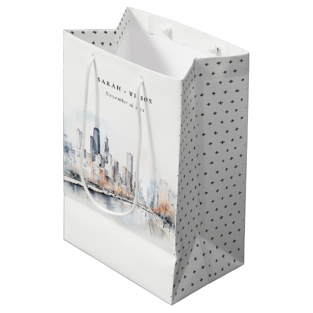 Sac Cadeau Moyen Mariage d'aquarelle de Chicago, Illinois City Scap (Devant Angle)