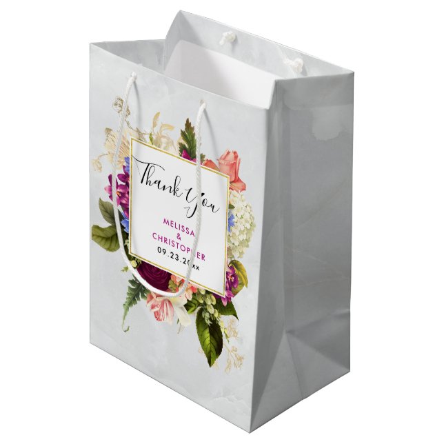 Sac Cadeau Moyen Mariage de bouquet floral rose et blanc moderne (Devant Angle)