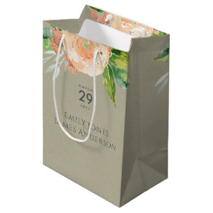 SAC CADEAU MOYEN MARIAGE DE FOLIAGE VERT DE FLEURS DE PÊCHE EN COUL