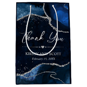 Sac Cadeau Moyen Mariage en Agate Fausse Pailletée Bleu et Argent