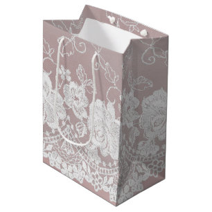 Sac Cadeau Moyen Mariage Fleurie en Dentelle Rose Romantique Rose P