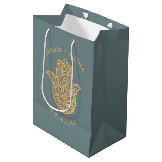 Sac Cadeau Moyen Mariage indien Gold Blue hamsa Henna (Devant Angle)