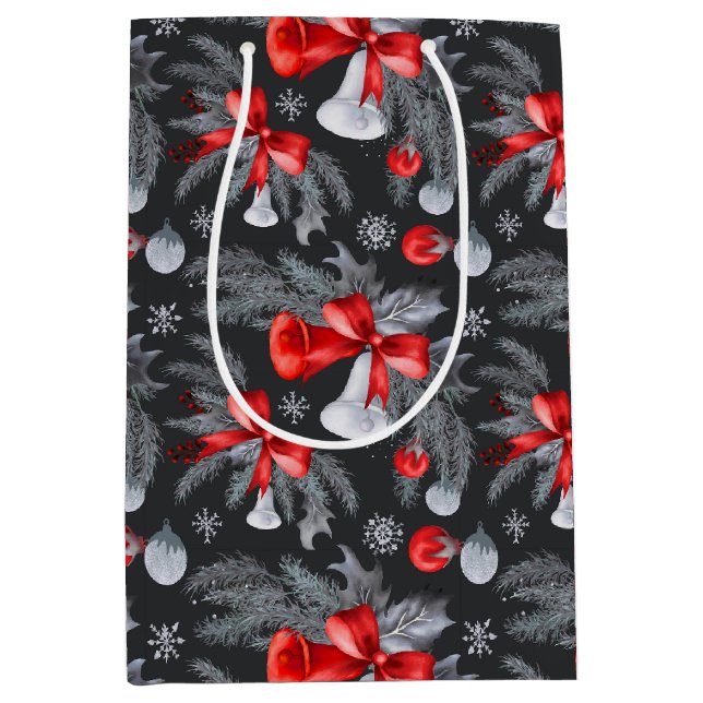 Sac Cadeau Moyen Marine Bleu Rouge Argent de Noël Botanique (Devant)