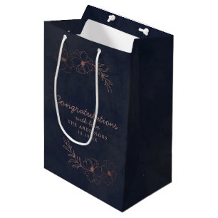 Sac Cadeau Moyen Marine Blue & Rose Gold Chic Félicitations Mariage