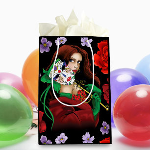 Sac Cadeau Moyen Masque Vénitien Femme Élégante Rouge Vert