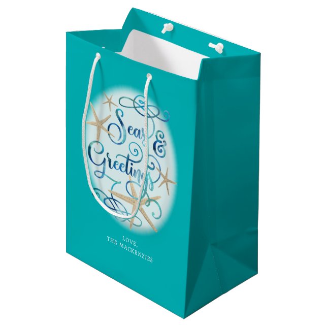 Sac Cadeau Moyen Mer de Noël côtière et salutations Starfish (Devant Angle)