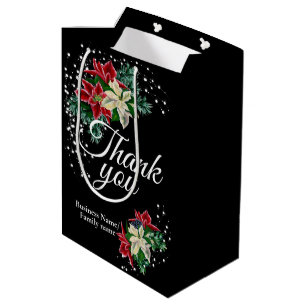 Sac Cadeau Moyen Merci Appréciation Poinsettia Floral Noir