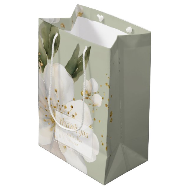 Sac Cadeau Moyen Merci Mariage d'aquarelle vert Sage (Devant Angle)