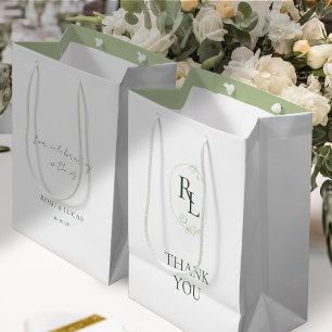 Sac Cadeau Moyen Merci Mariage de Monogramme Floral Vert & Blanc