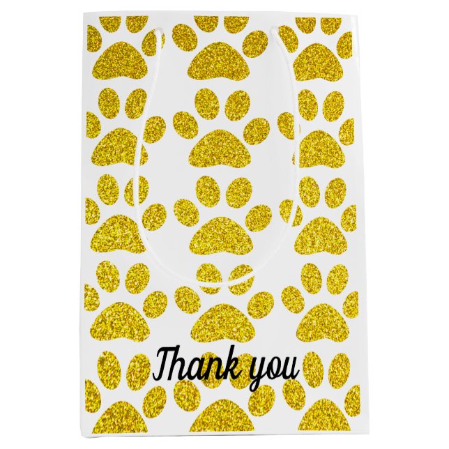 Sac Cadeau Moyen Merci Parties scintillant or Empreintes de pattes  (Devant)