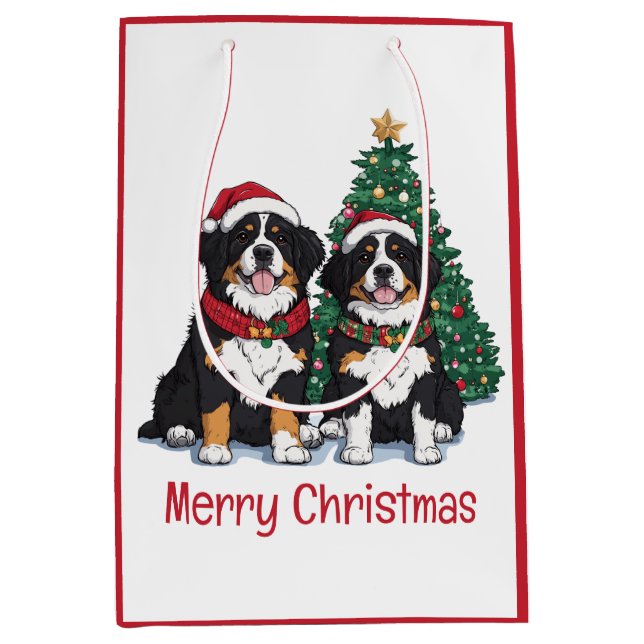Sac Cadeau Moyen Merry Christmas Bernese Mountain Dogs (Devant)
