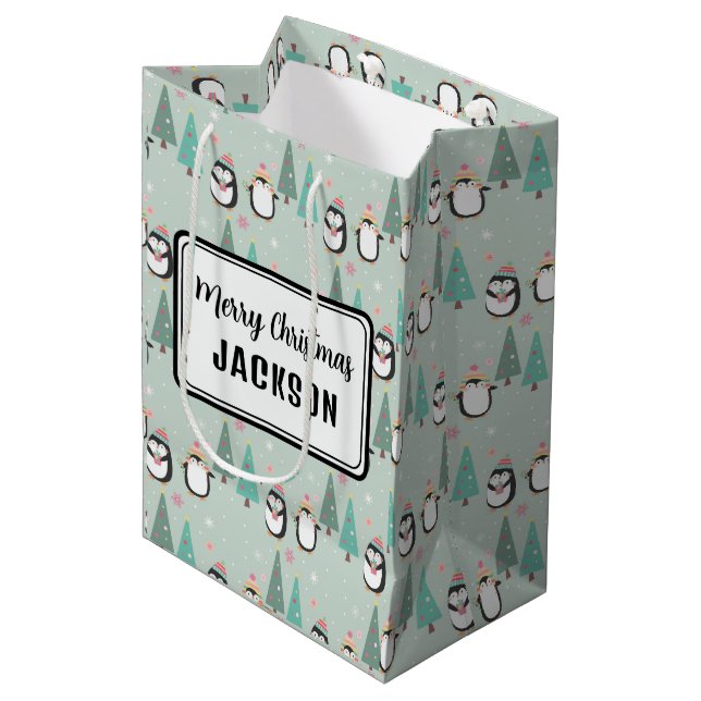 Sac Cadeau Moyen Mignons pingouins de Noël avec nom (Devant Angle)