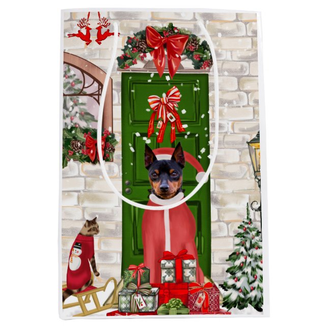 Sac Cadeau Moyen Miniature Pinscher Chien Noël (Devant)