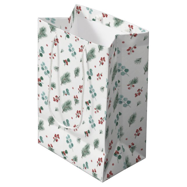 Sac Cadeau Moyen Minimal Christmas Pattern, Pine & Berries  (Devant Angle)