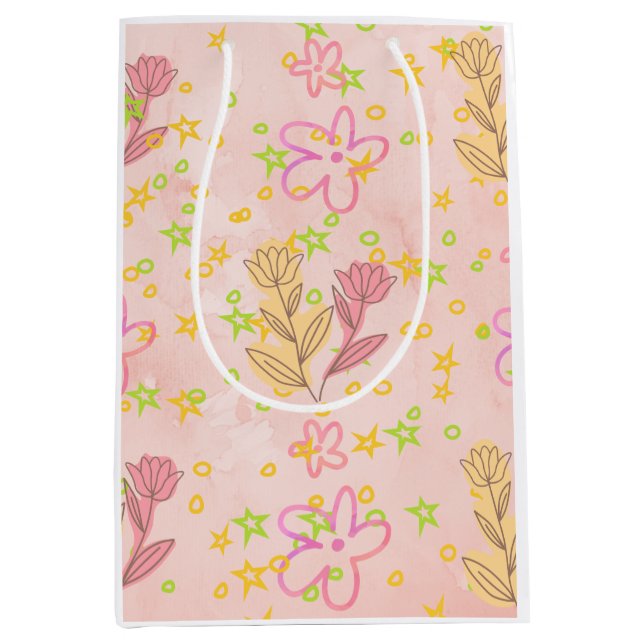 Sac Cadeau Moyen Minimal Floral Doodle Pattern –Pastel Pink pattern (Devant)