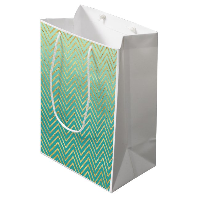 Sac Cadeau Moyen Mint Green Gold Glam Chevron Ombre (Devant Angle)