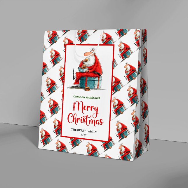 Sac Cadeau Moyen Modern funny santa gift bag red green festive edit (Funny quirky Santa gift bag with modern watercolor style, perfect for festive holiday gifting.)