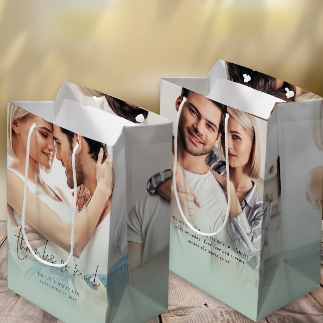 Sac Cadeau Moyen Moderne 2 Photo Overlay Merci Beaucoup de Mariage  (Front and back view)