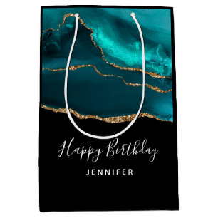 Sac Cadeau Moyen Moderne Design Turquoise Agate & Gold Ribbon Anniv