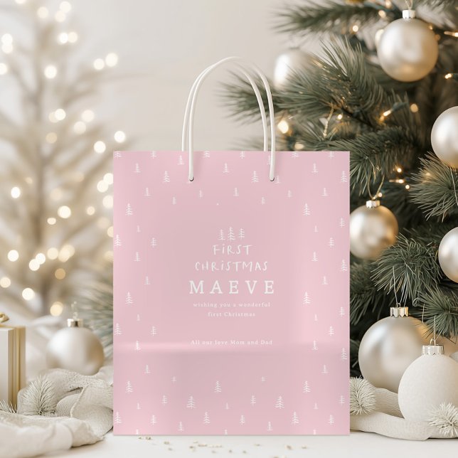Sac Cadeau Moyen moderne rose pâle premier Noël (Créateur téléchargé)
