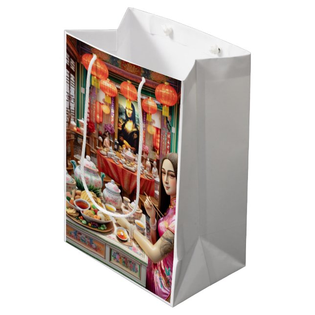Sac Cadeau Moyen Mona mangeant des plats chinois dans le restaurant (Devant Angle)