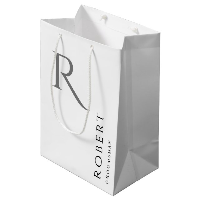 Sac Cadeau Moyen Monogramme blanc noir simple Groomsmen personnalis (Devant Angle)