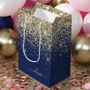 Sac Cadeau Moyen Monogramme de nom féminin écriture pailletée bleu