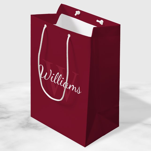 Sac Cadeau Moyen Monogramme et nom personnalisé Bourgogne rouge (Créateur téléchargé)