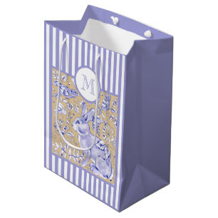 Sac Cadeau Moyen Monogramme floral de rayure d'oiseau bronzage