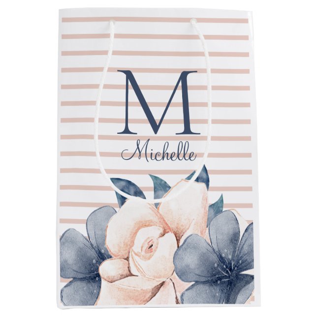 Sac Cadeau Moyen Monogramme floral rose Fille Nom rayé (Devant)