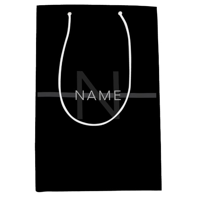 Sac Cadeau Moyen Monogramme gris foncé, nom et bande géométrique (Devant)