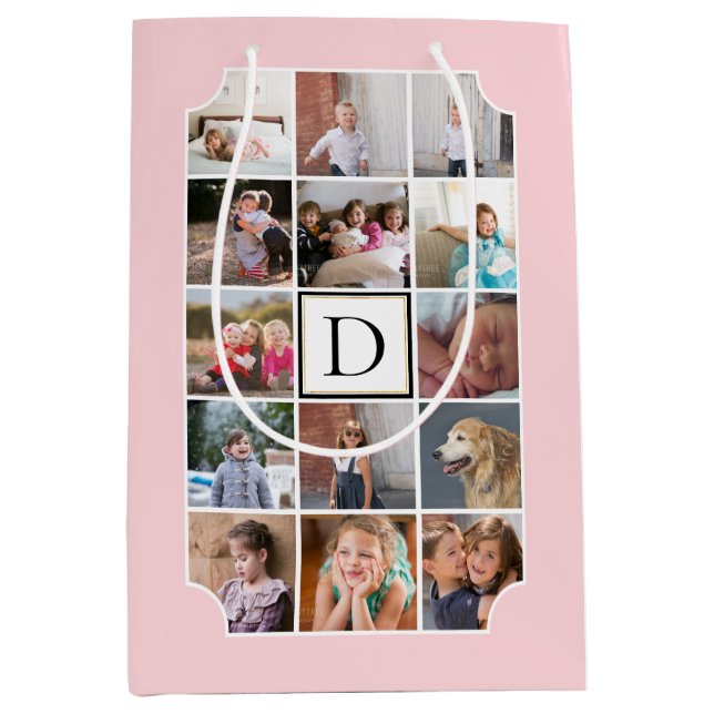 Sac Cadeau Moyen Monogramme photo coins courbés rose pâle (Devant)