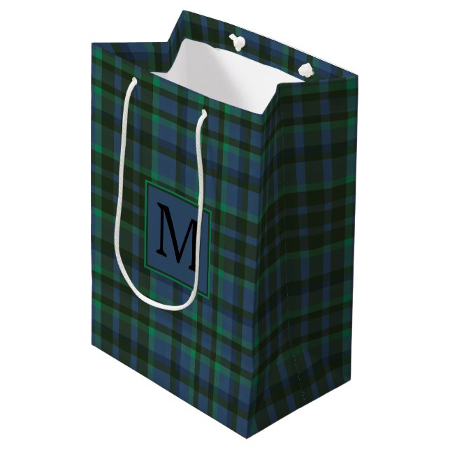 Sac Cadeau Moyen Monogramme préppy vert et bleu plaid (Devant Angle)