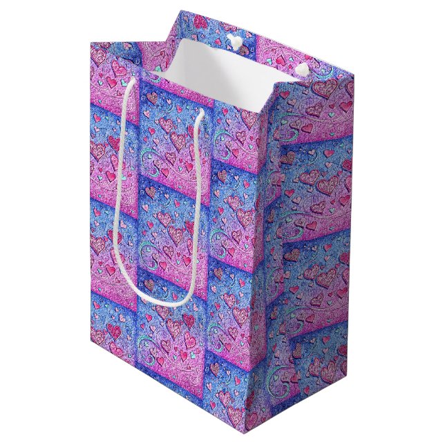 Sac Cadeau Moyen Mosaic Coeurs Saint-Valentin (Devant Angle)