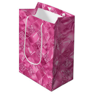 Sac Cadeau Moyen Motif à tissage Carré rose chaud