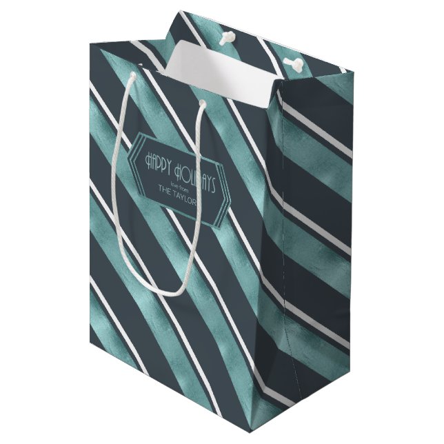 Sac Cadeau Moyen Motif de bande de Noël ID Turquoise862 (Devant Angle)